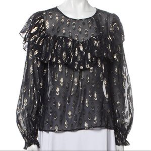 LoveShackFancy Erin Black & Gold Ruffle Top, Sz S